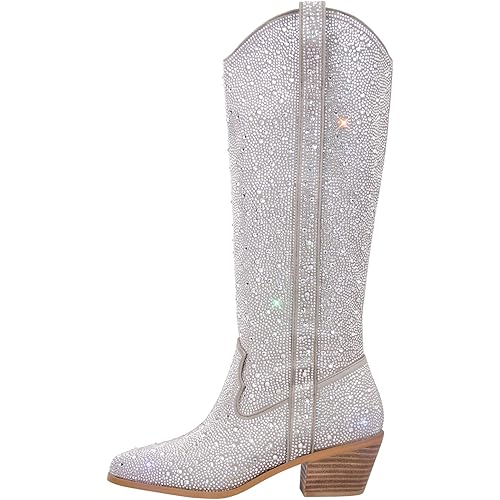 richealnini Sparkle Rhinestone Cowgirl Cowboy Boots for Women Pull On Diamante Heeled Bootes