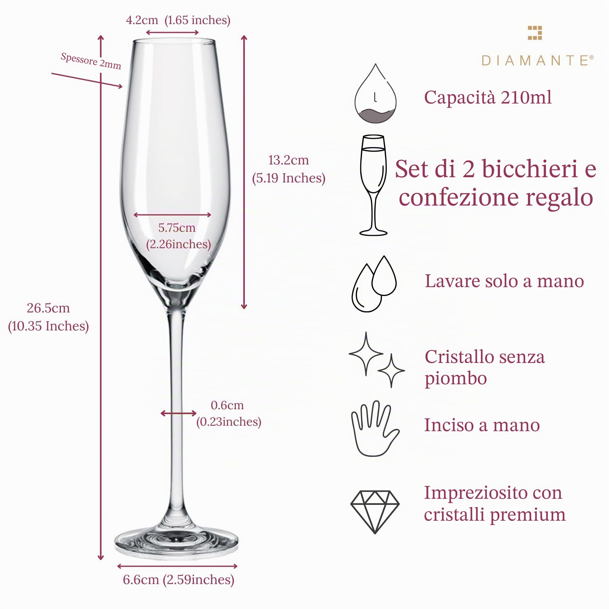 DIAMANTE Flute da champagne, bicchieri da prosecco con design 'Silhouette' tagliato a mano e impreziosito da cristalli