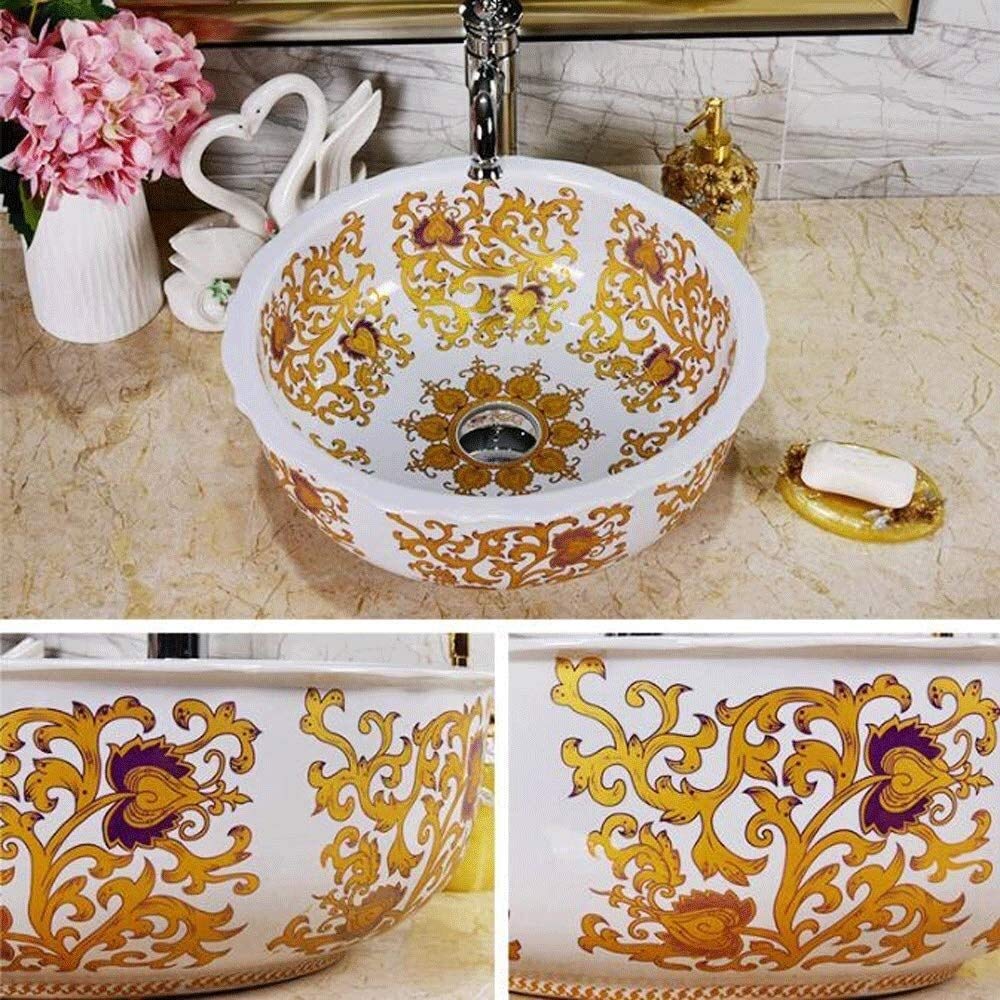 Szafka Pod Umywalkę Z Umywalką, Umywalka Łazienkowa, Umywalka Nablatowa, Ceramiczna Umywalka Łazienkowa W Stylu Vintage, Okrągła, Biała, Porcelanowa, Ręcznie Malowana