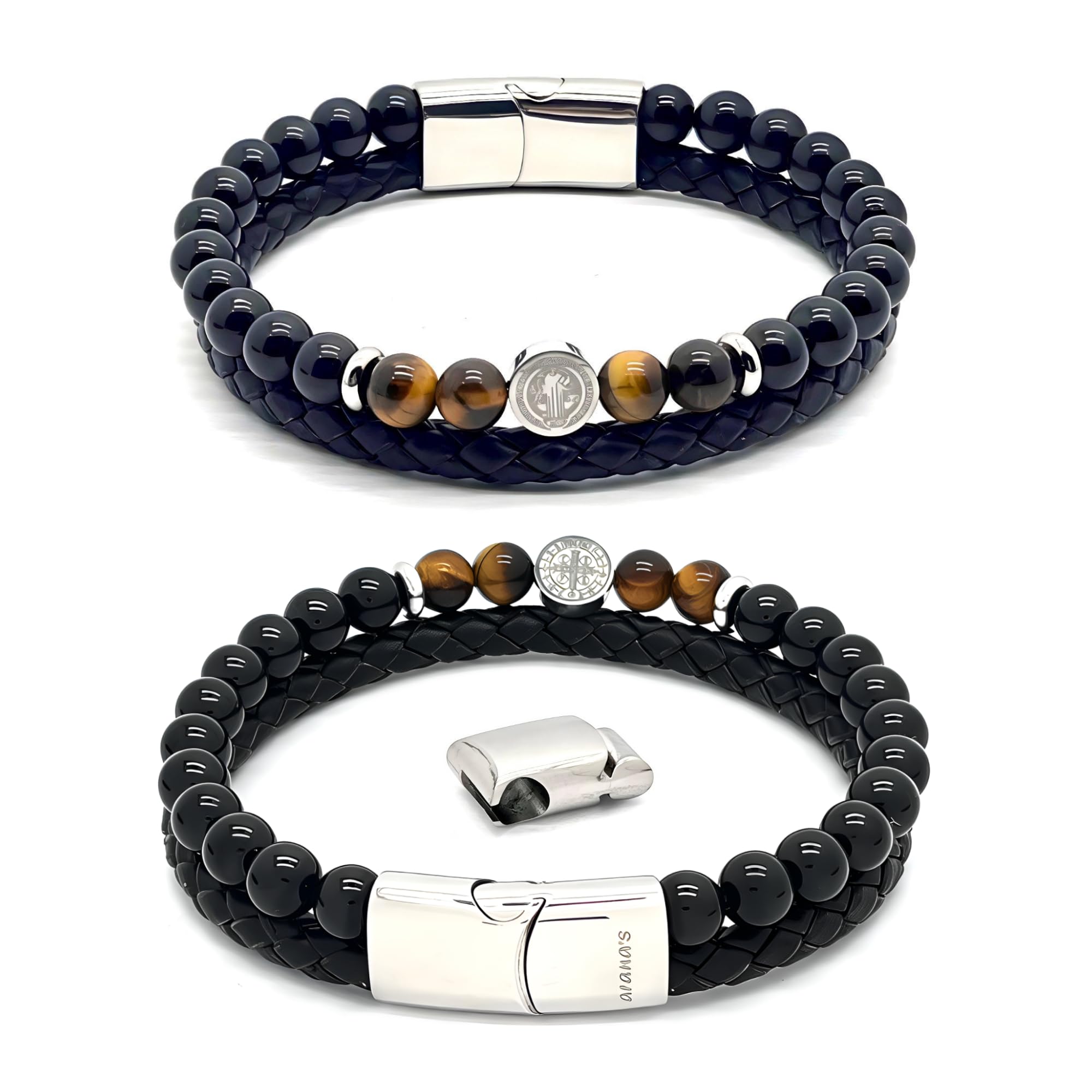 arana's® - Pulsera Medalla Cruz San Benito - Turmalina negra y cuero genuino - Pulsera ajustable hasta 21,5 cm - Protección contra mal de ojo y malas energías - Sanación y curación