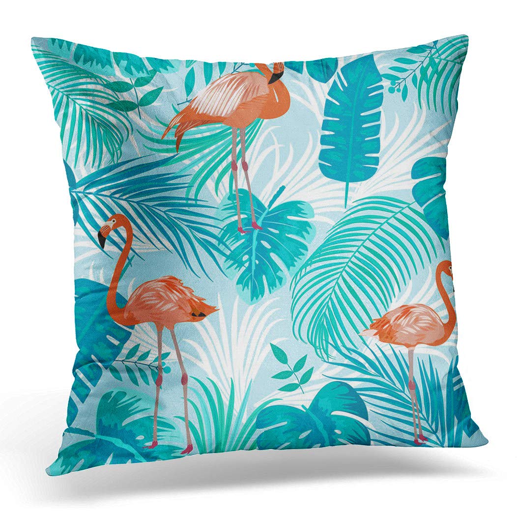 Awowee Color 11 Cushion Cover 40X40cm/16X16inches Green Pattern Of Flamingo Leaves Monstera Tropical Palm Tree Home Decor Throw Pillow Cover Square Pillowcase For Bed Sofa
