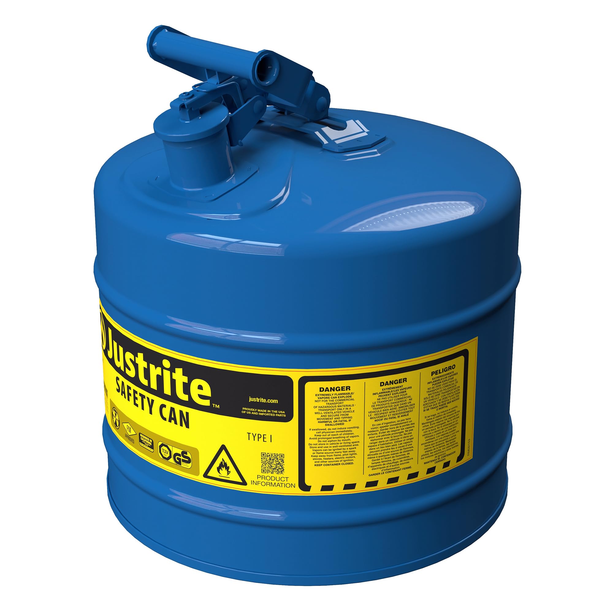 Justrite Type I Kerosene Safety Can, Blue Galvanized Steel, Made in the USA