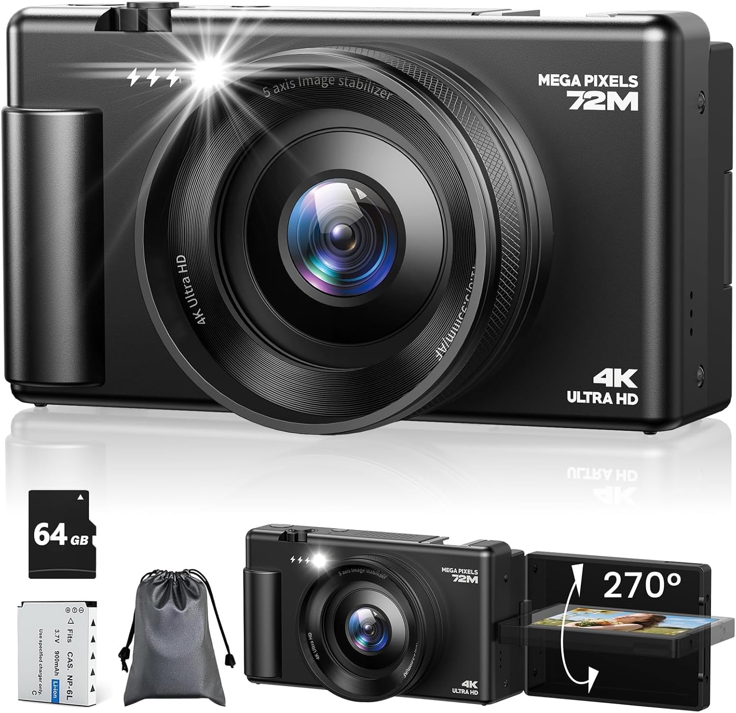 4K Digital Camera for Photography, 72MP Autofocus Vlogging Cameras for YouTube with 64GB SD Card and Battery, 18X Digital Zoom 2.8" 270 Flip Screen Compact Travel Camera for Teens