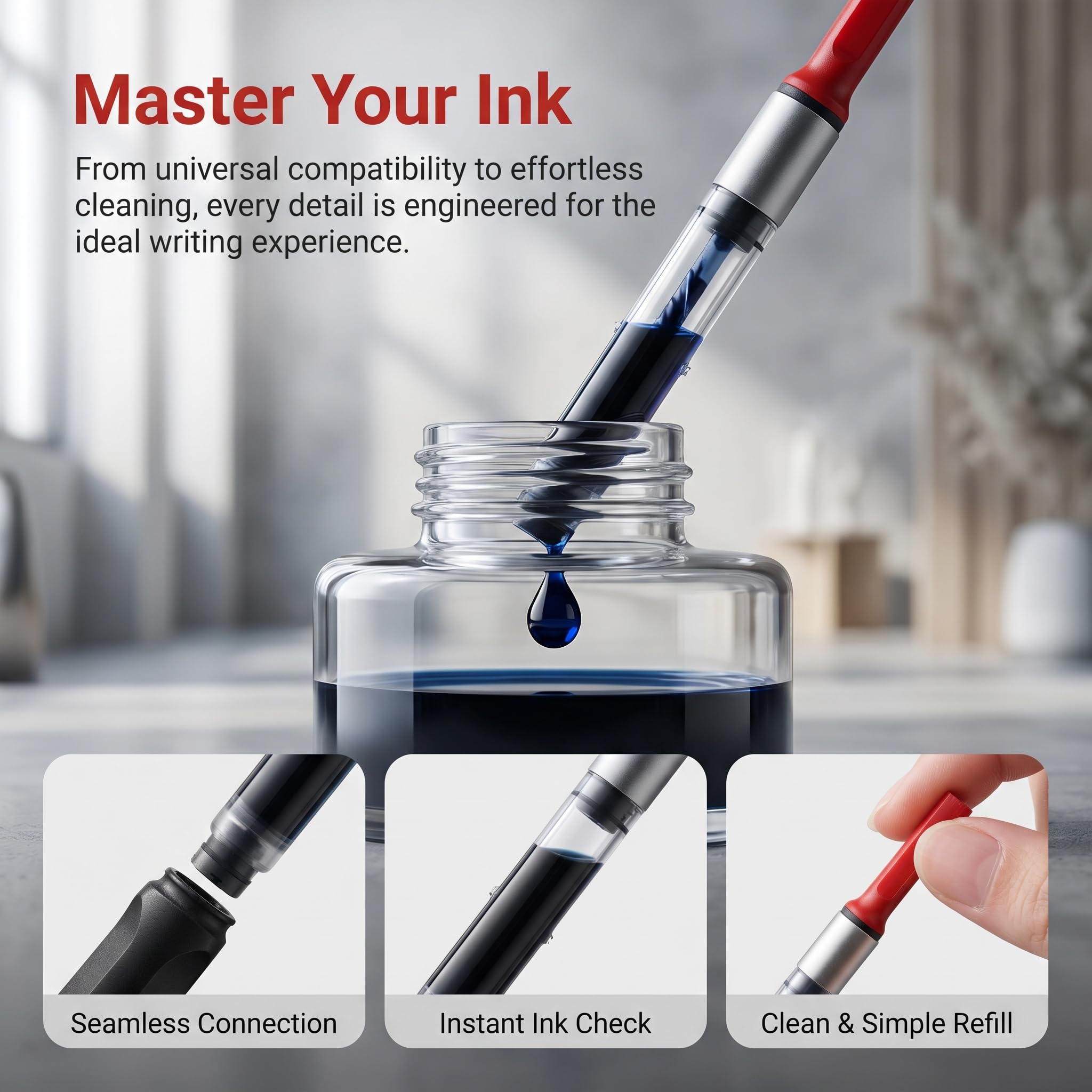 4-częściowy konwerter atramentu do pióra wiecznego, miękka absorpcja atramentu i niełatwe wycieki, powtarzające się dodawanie atramentu, odpowiedni do nauki i pisania w biurze.