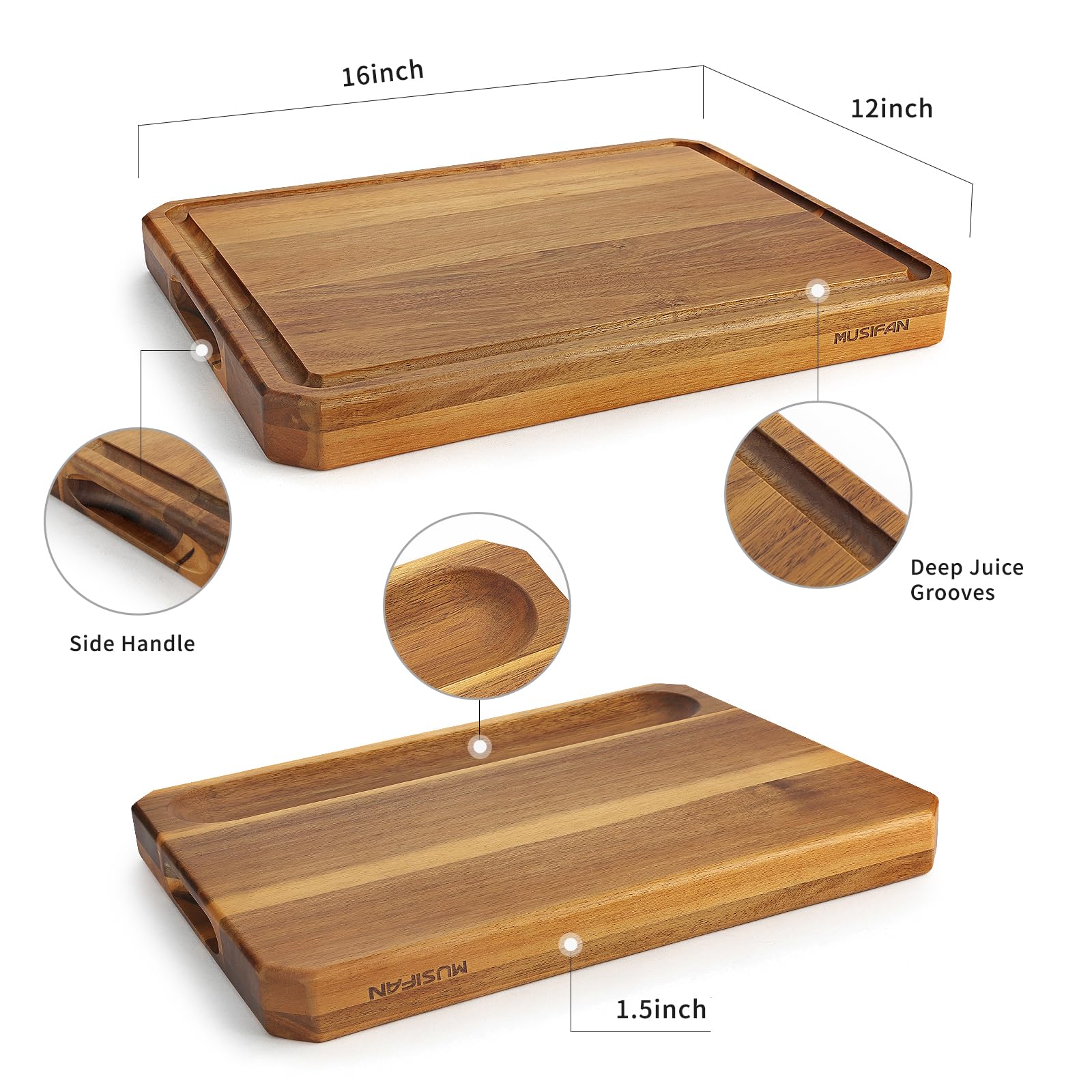 Tablas de cortar de madera de acacia para cocina, tablas de cortar grandes de madera para cortar carne, queso, frutas y verduras, tabla de embutidos extragrande con asas, ranura para jugo