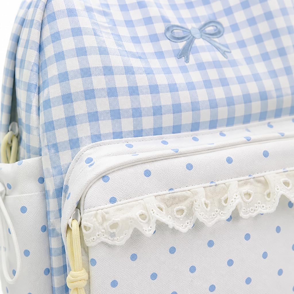 Ruffle Backpack with Plaid, Polka Dot Pockets and Bow Accent (Blue)