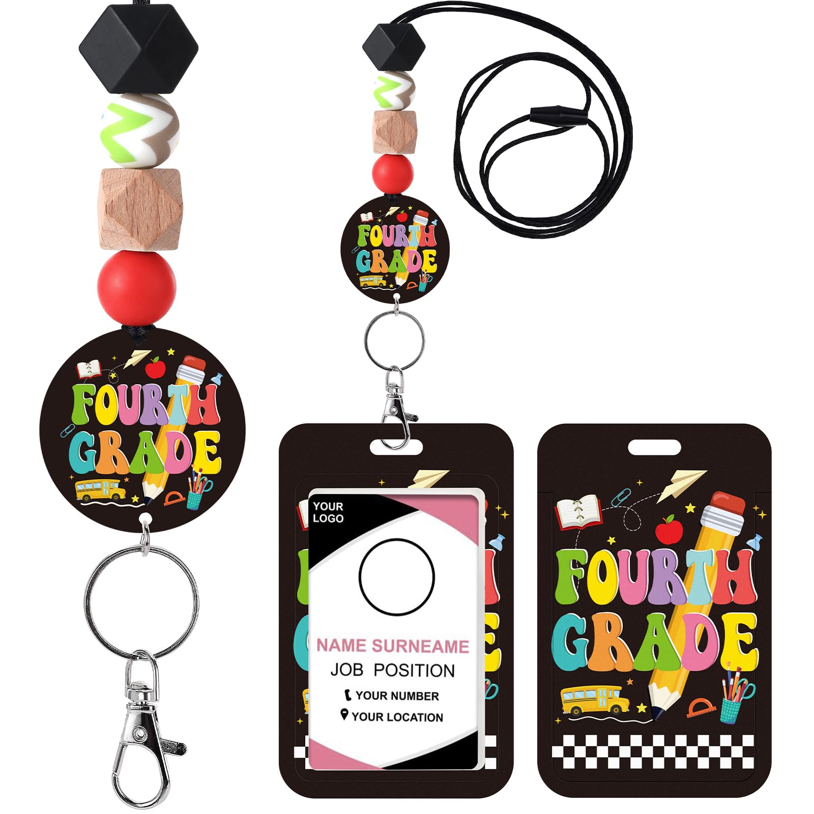 Obookey Teacher Lanyards for ID Badges - Teacher Lanyard with ID Holder, Fourth Grade Cute Pencil Silicone Beaded Breakaway Keychain Accessories, Back