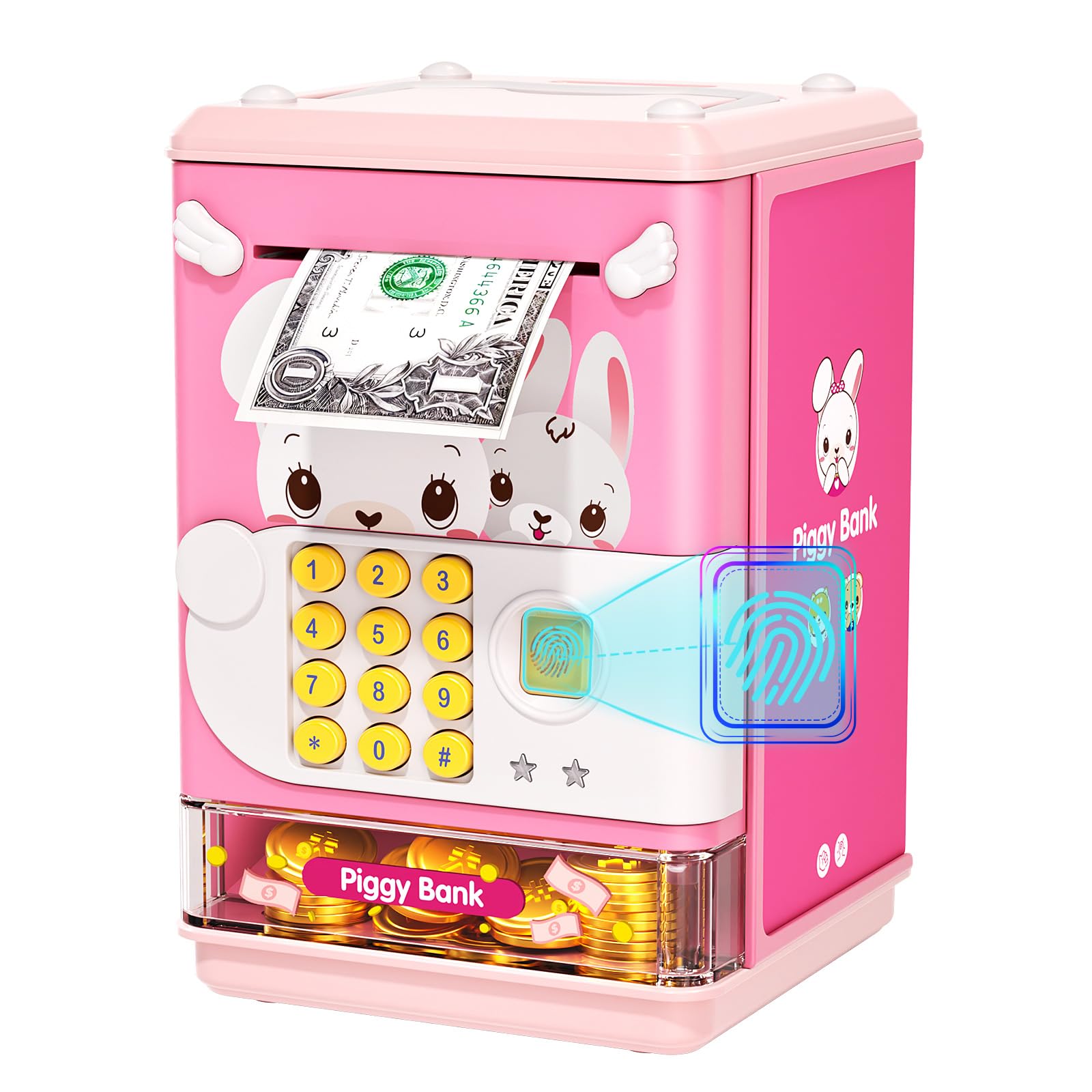 Piggy Bank Toy Electronic Mini ATM Savings Machine with Personal Password & Fingerprint Unlocking Simulation - Music Box with Songs for Kids, Boys and Girls Age 3-8 Years (Pink)