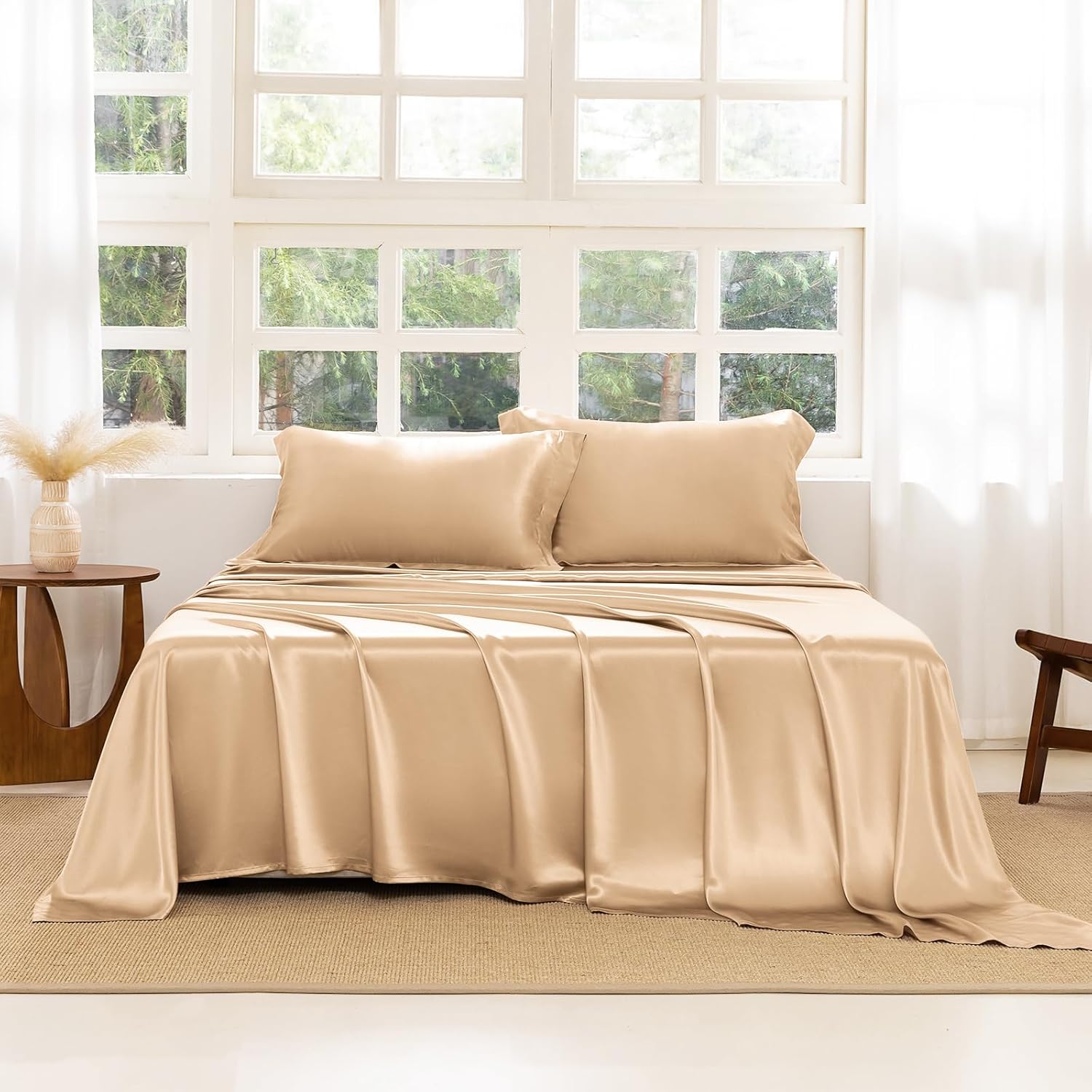 THXSILK Silk Sheet Set 4 Pcs Cal King Size Sheet Set 22 Momme 7A Silk Sheets Soft and