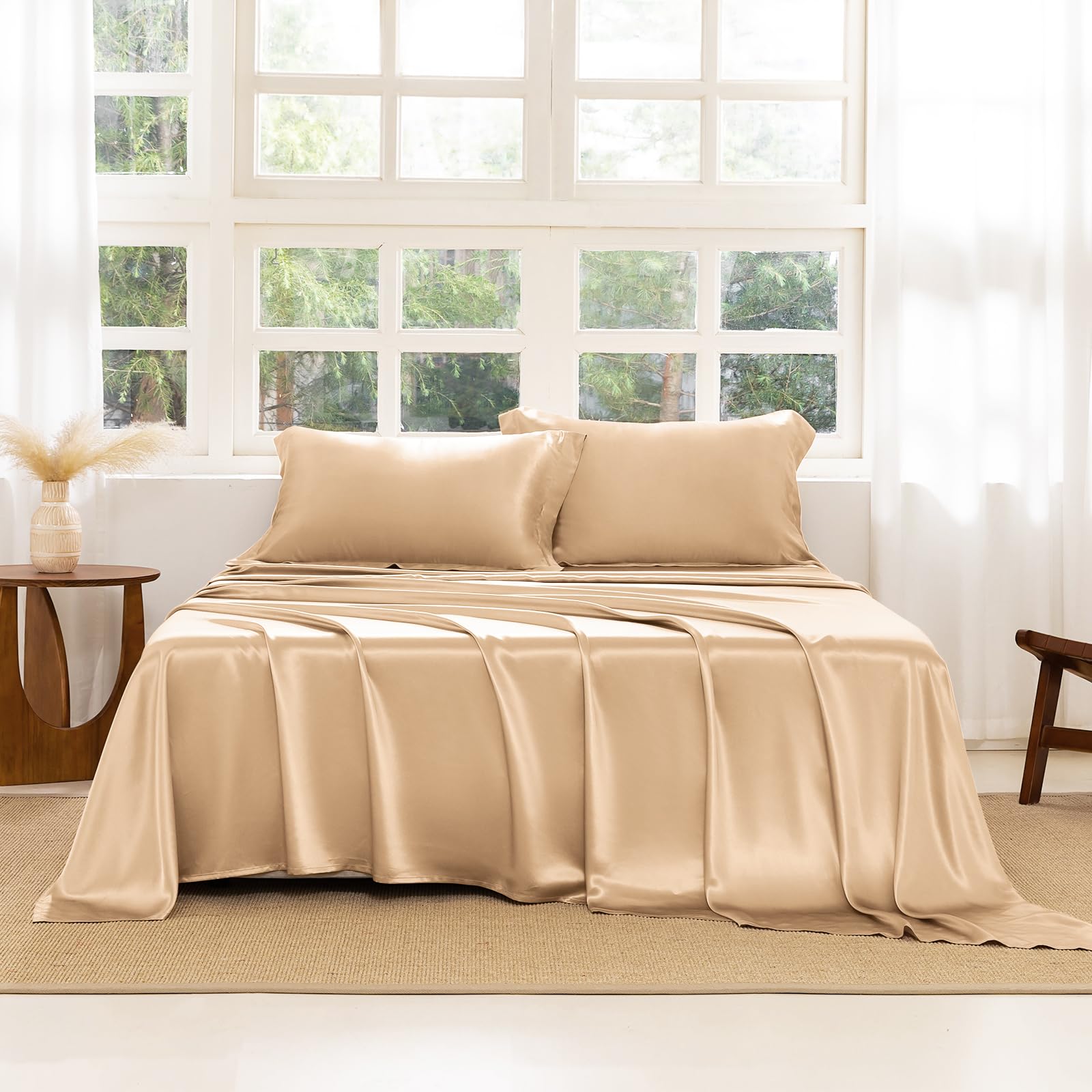 THXSILK Silk Sheet Set 4 Pcs Cal King Size Sheet Set 22 Momme 7A Silk Sheets Soft and
