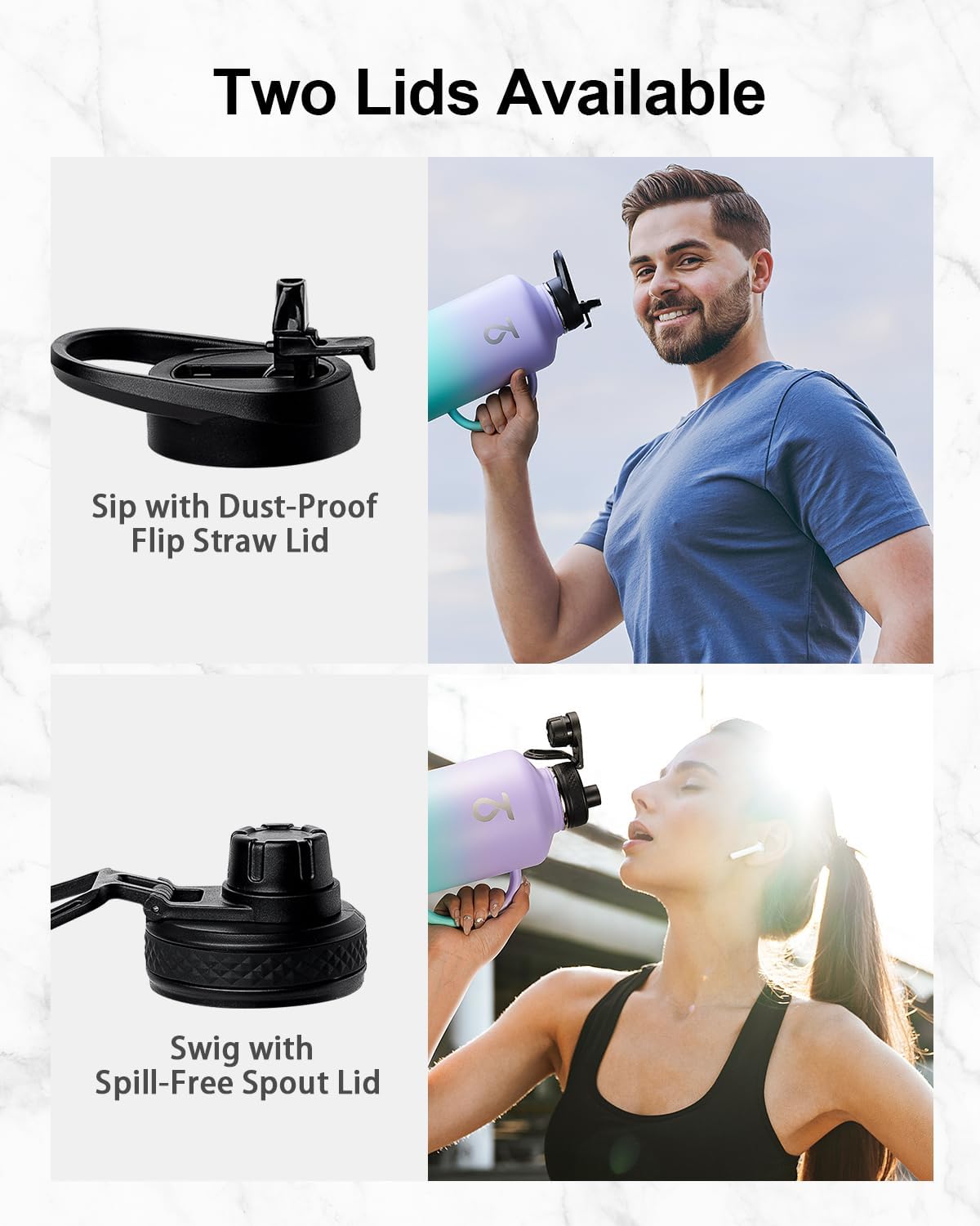 Trebo 64oz Water Bottle Insulated with Straw Lids,Half Gallon Double Wall Vacuum Stainless Steel Metal Large Jug with Handle,Wide Mouth Flask Mug with Carry Pouch,Keep Cold Hot,Ombre: Purple Green - Image 4