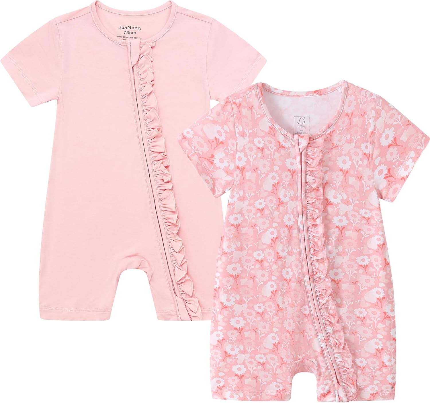 JunNeng 竹製スリーパーのベビーガールビスコース2点、2ウェイジッパーロンパース、半袖ワンピース0-18か月