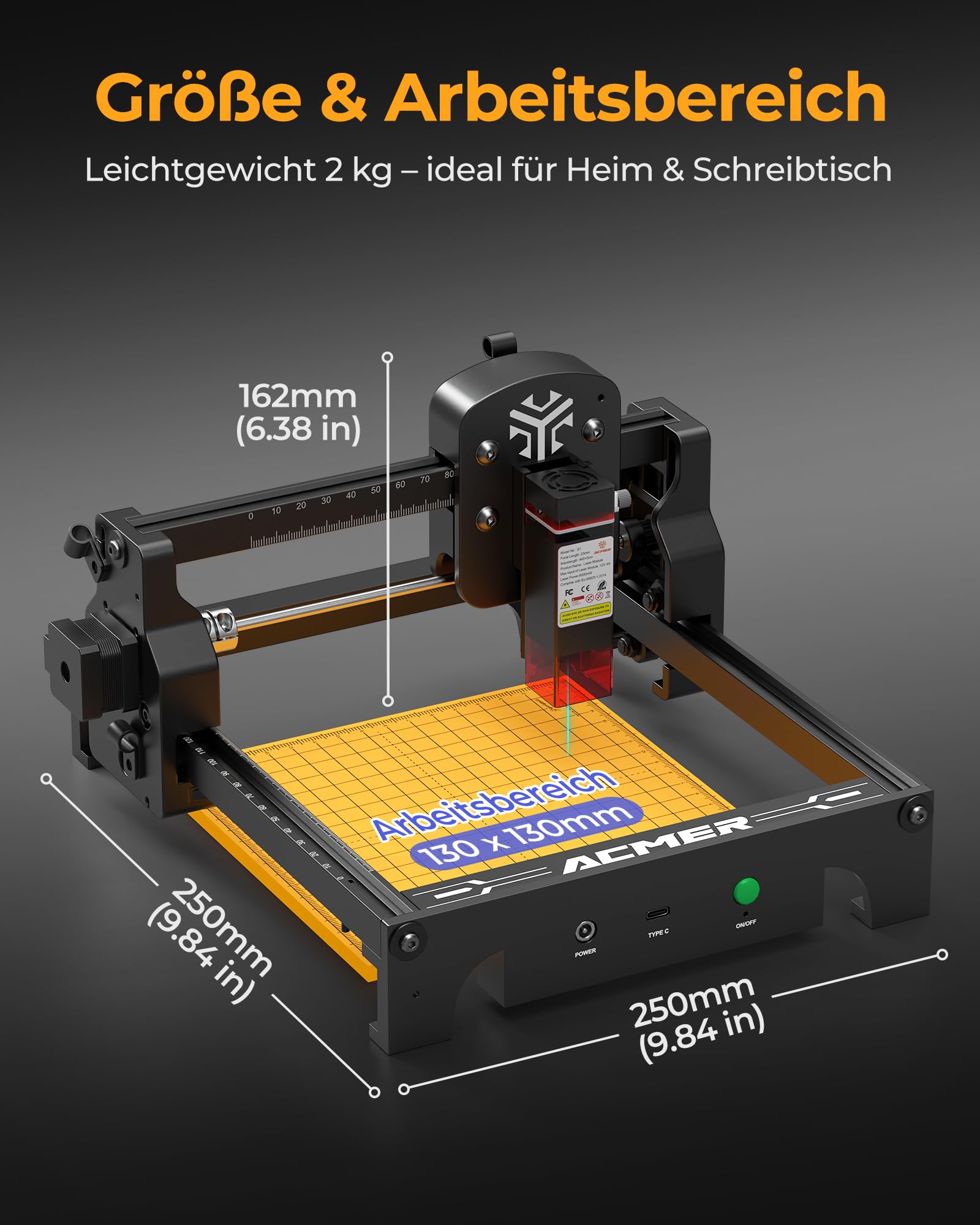Acmer T1 6w Laser Graviermaschine, Tragbarer Mini Laser Cutter, 0.01mm HochpräZiser Lasergravierer, Arbeitsbereich 130 X 130 mm, Graviermaschine für Holz, Leder, Glas, Metall Sowie Diy-Geschenken