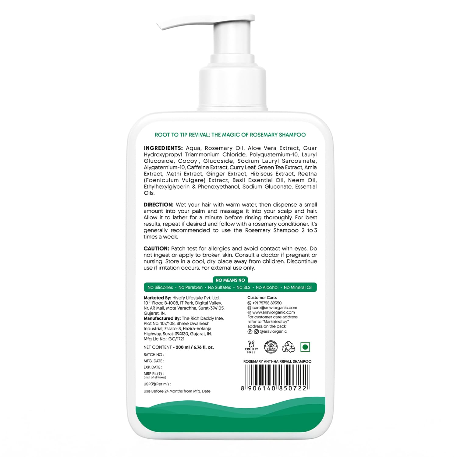 Aravi Organic Rosemary Anti-Hairfall Shampoo | Shampoo For Hair Growth & Hairfall Control | Up to 94% Stronger Hair | Sulphate Free | For Dry & Frizzy Hair | All Hair Types - 6.7 FL Oz / 200 ml - Image 2