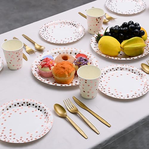 Miniatura 5 de YAOSHENG 201 piezas de suministros de fiesta de oro rosa, lunares de oro rosa en platos de papel blanco y servilletas, tazas de cubiertos que sirven