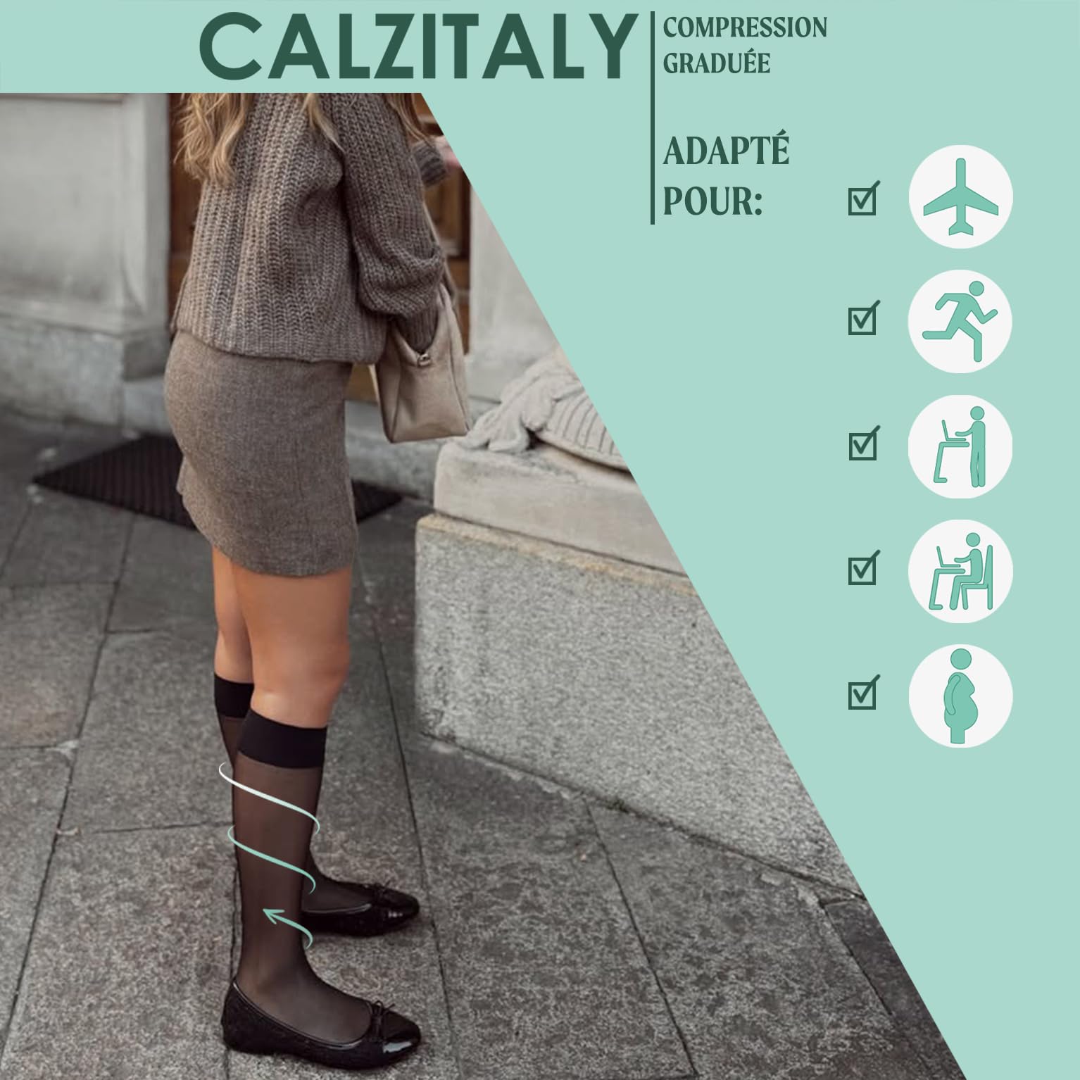CALZITALY PACK 1/2 Mi-bas de Contention avec Compression Graduée Forte 15-21 mm/Hg | Noir, Beige | XS/S, S/M, L/XL | 140 DEN | Made in Italy
