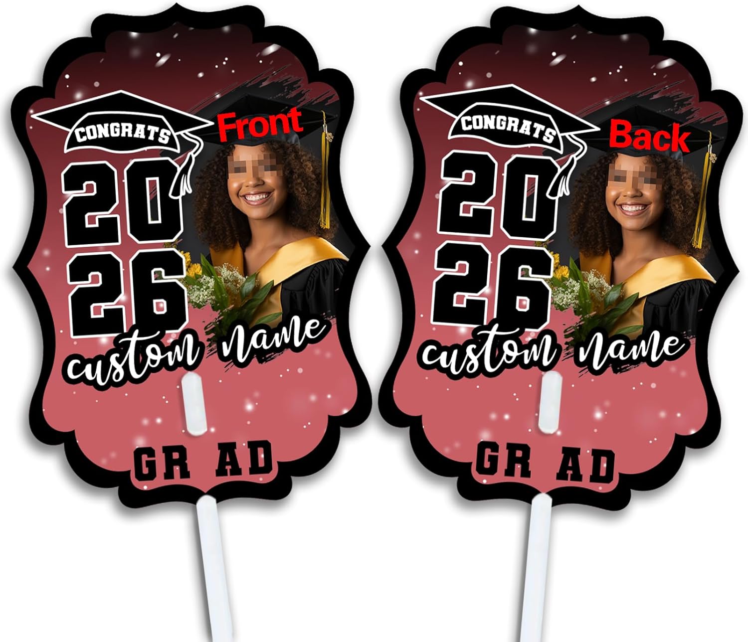 Personalized Graduation Double Sided Face Fan Class of 2026 Customized Graduation Head Face Cutout Party Supplies(Red,12pcs)
