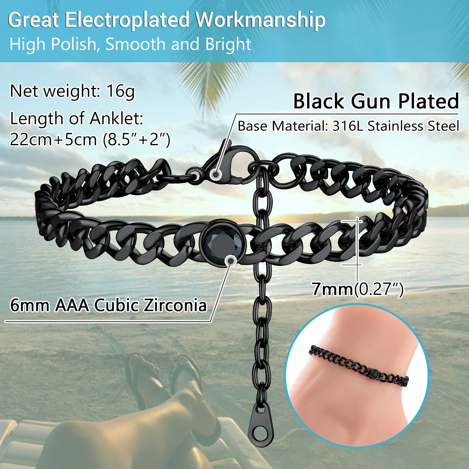 PROSTEEL Personalizable Pulsera Tobillo de Mujer Tobilleras Cubanas Grandes 7mm Ancho 22cm Largo con 5 cm Alargador, Brazalete Pie con Cristales para Nacimiento