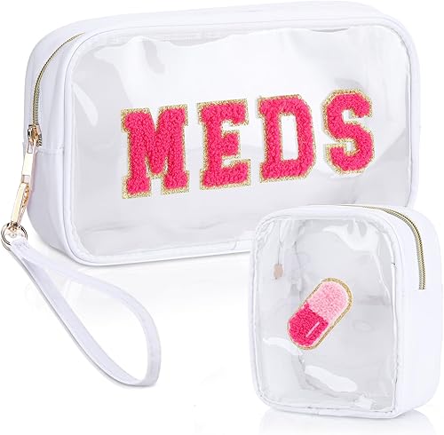 Hillban 2 bolsas medicinales de chenilla con parche de letras, bolsas de viaje, de nailon transparente, bolsas de maquillaje portátiles con