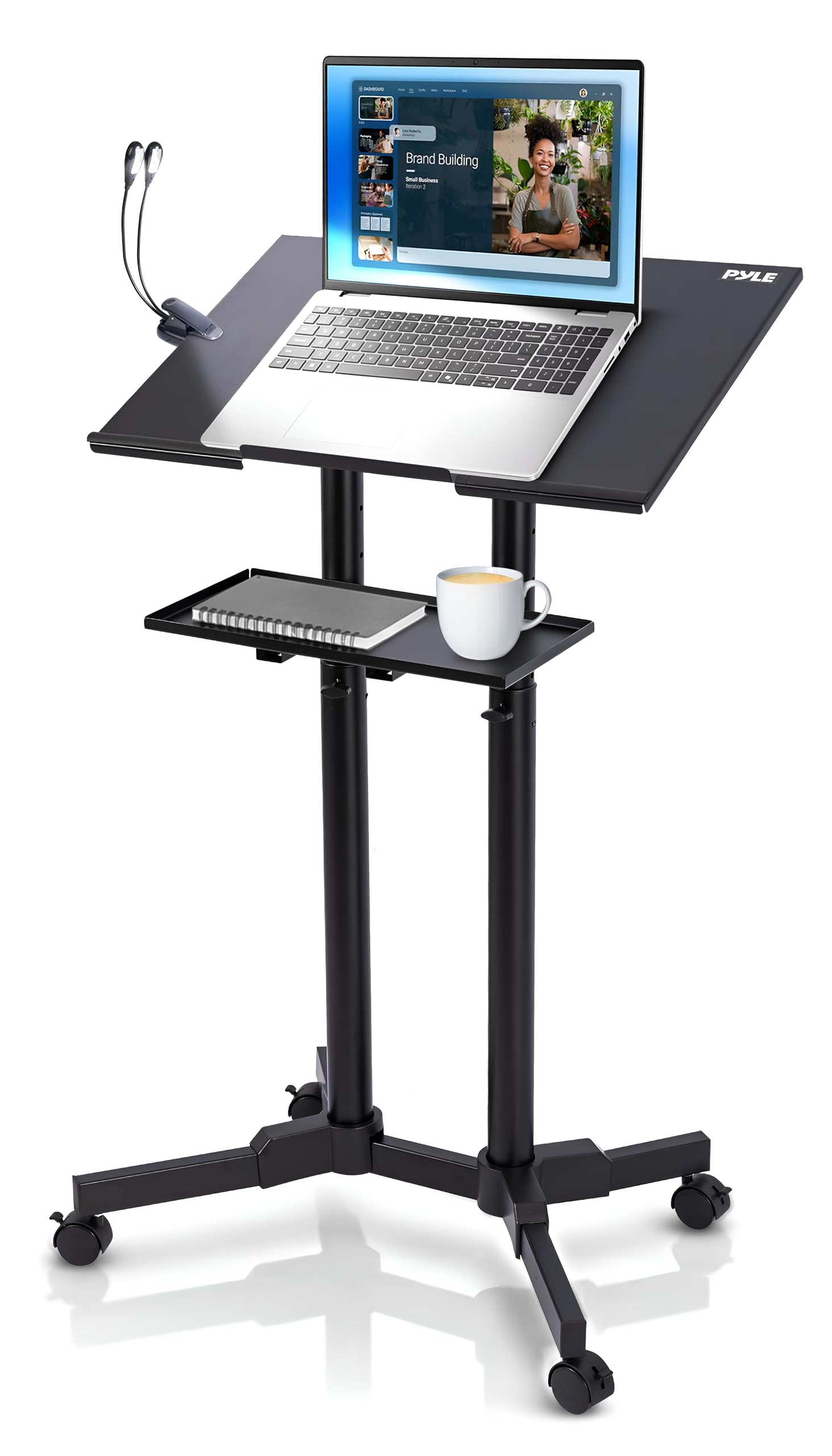 Pyle Lectern Stand Podium Mobile Adjustable Laptop Lectern for Church, Classroom & Presentation Use with Lockable Wheels, Tilting Desk & Dual Shelves