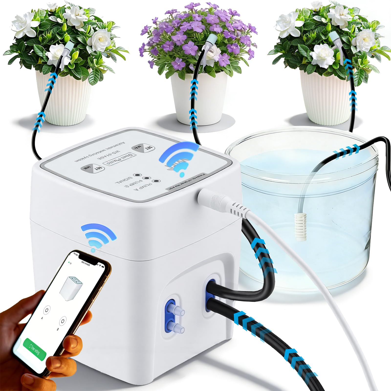 Sistema de riego automático WIFI, sistema de riego por goteo a través de la aplicación, riego automático para hasta 20 plantas de interior, modo automático/manual/inteligente, riego automático en