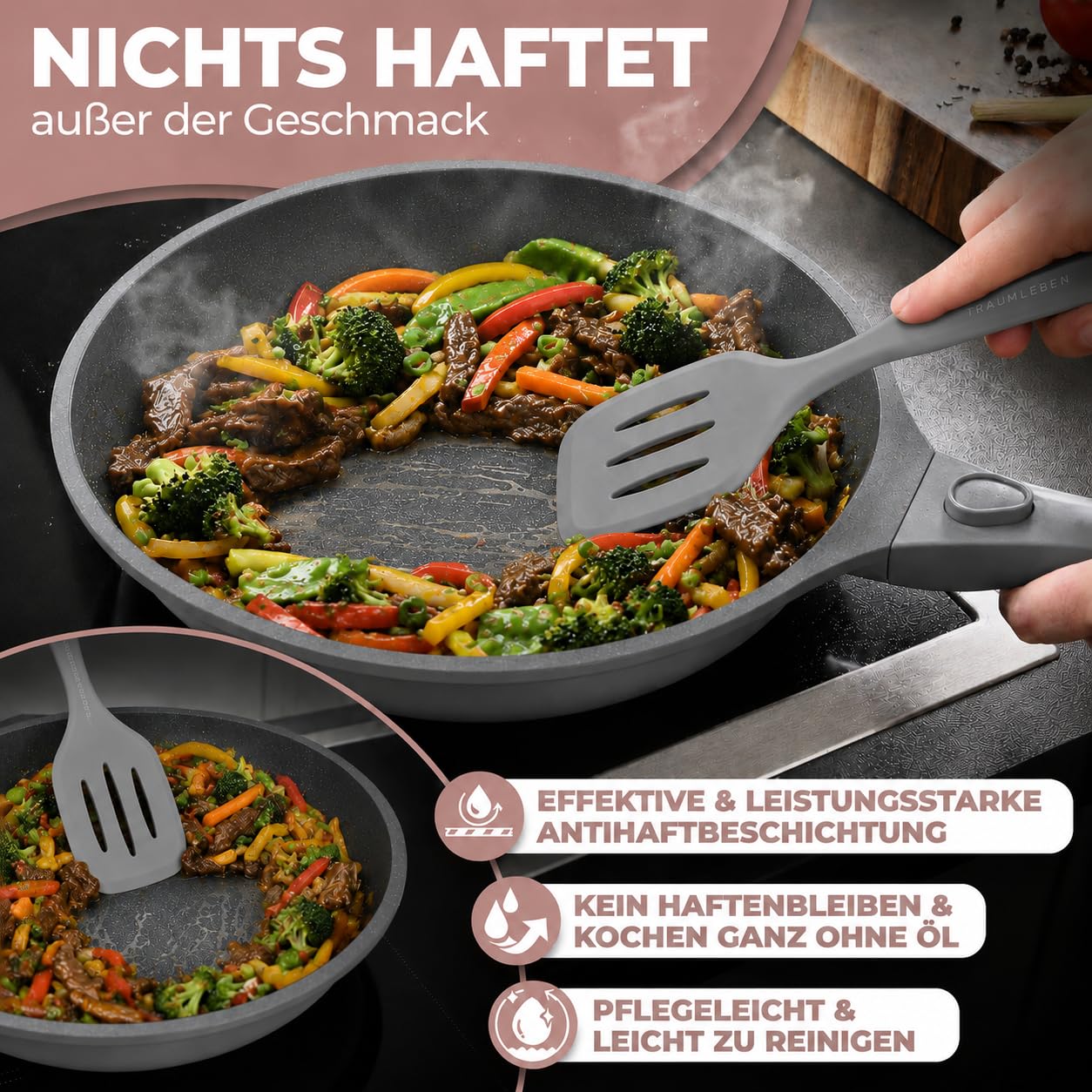 TRAUMLEBEN Bratpfanne SET 24 & 28 cm, Antihaft, abnehmbarer Griff (Grau) | Pfannenset 2-teilig, PFOA-frei, für Induktion geeignet, backofenfest