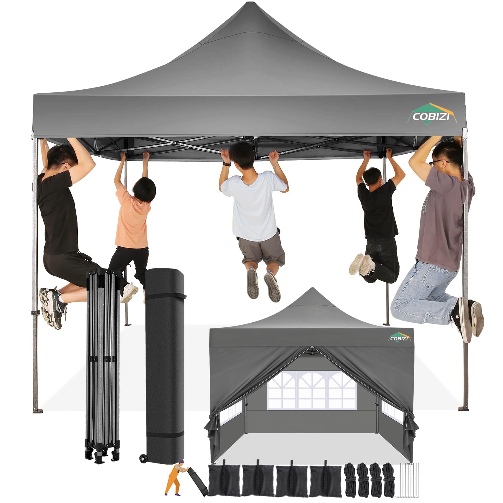 COBIZI Pavillon 3x3 Wasserdicht Stabil Winterfest mit Seitenwand,Grau | Pop Up Zelt Faltpavillon,Sonnenschutz Pavillion Klappbar Zelte,Gartenparty Strand Hochzeit,Pavilion Faltbar mit Tasche Rollen
