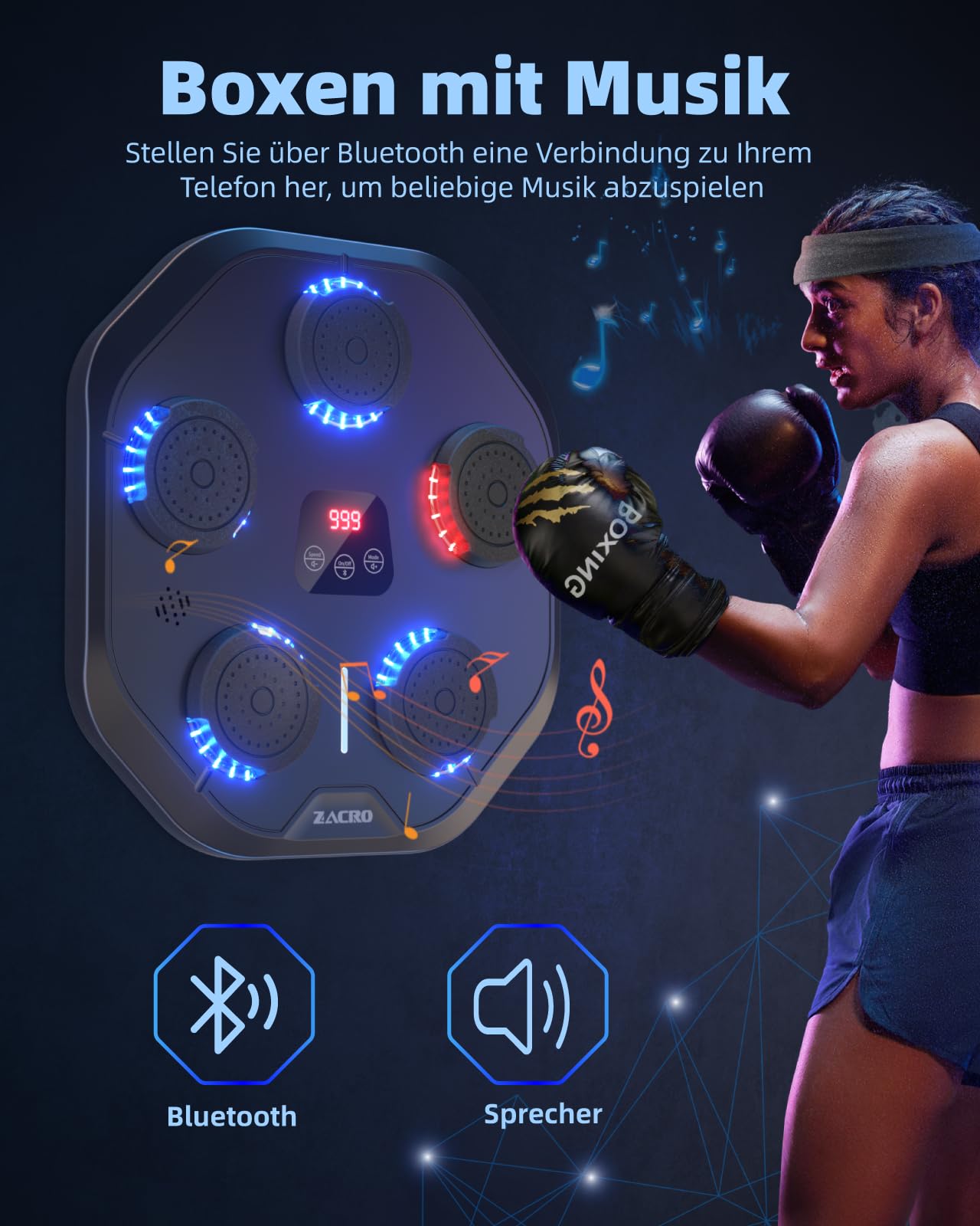 Zacro Musik Boxmaschine, LED Music Boxing Machine, Smart Music Boxing Machine,Wall Mounted Boxing Workout mit 9 Modi/Geschwindigkeiten, Boxmaschine mit Musik, Schlaghandschuhen und Stirnband