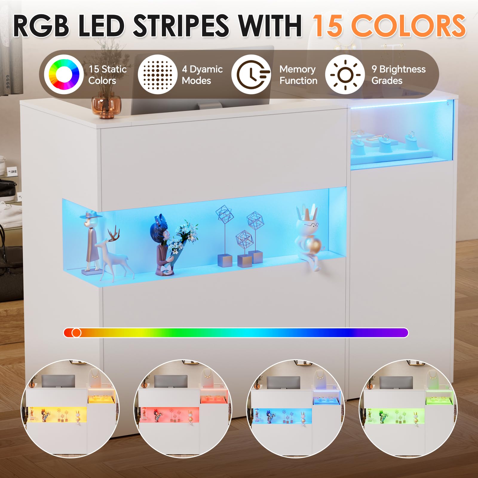 Barra de recepción con LED y estante de cristal, mostrador de venta con cajones con cerradura, mostrador de recepción con bandeja para teclado, mostrador de recepción para oficina, salón, tienda o