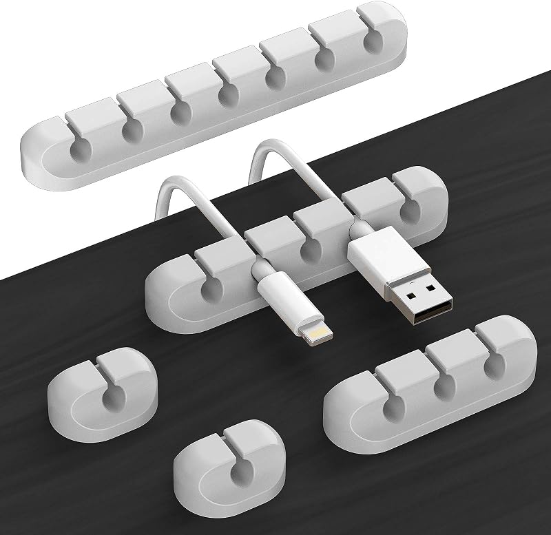 Desk Accessories for Charging Organizer - 5 Packs Grey Computer Desk Accessories and Adhesive Cord Organizer for Cable Holder Cleans Up Messy Wires at Home, Car and Office (7-5-3-1-1 Slots) | Silicone cable management clips self adhesive for nightstand and charger, 7-5-3-1-1 slots hold USB and phone cords up to 6 mm