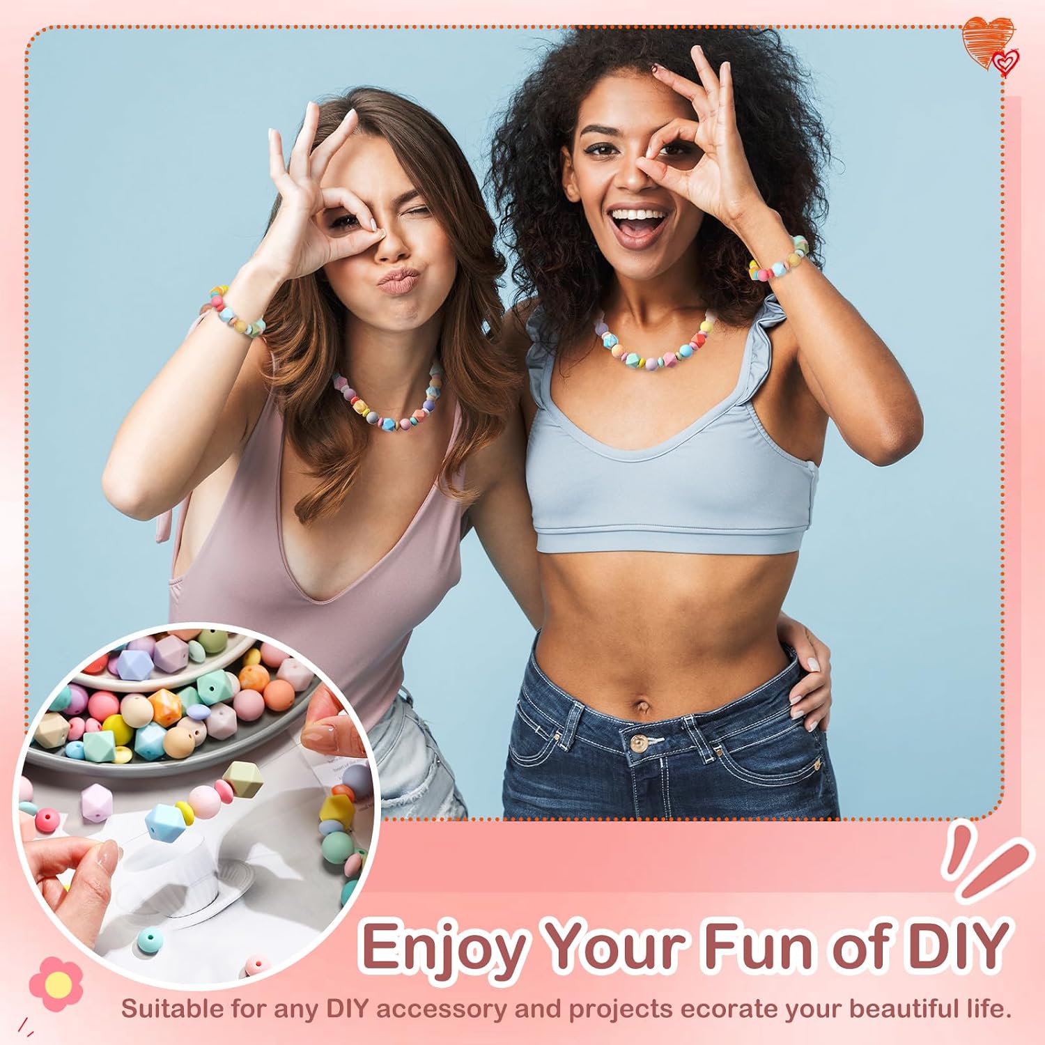 Hotop 624 Pcs Silicone Beads for Keychain Making, 12 mm 14 mm 15 mm Silicone Beads Bulk 48 Colors Loose Small for Bracelets Necklaces Jewelry Making DIY Crafts(Candy Color)