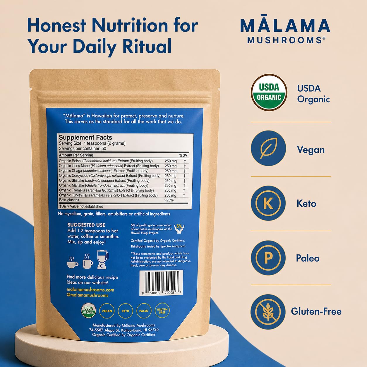 Malama Organic 8-Mushroom Powder Blend, Mushroom Complex, Superfood, 3.5 oz — Amazon image 2