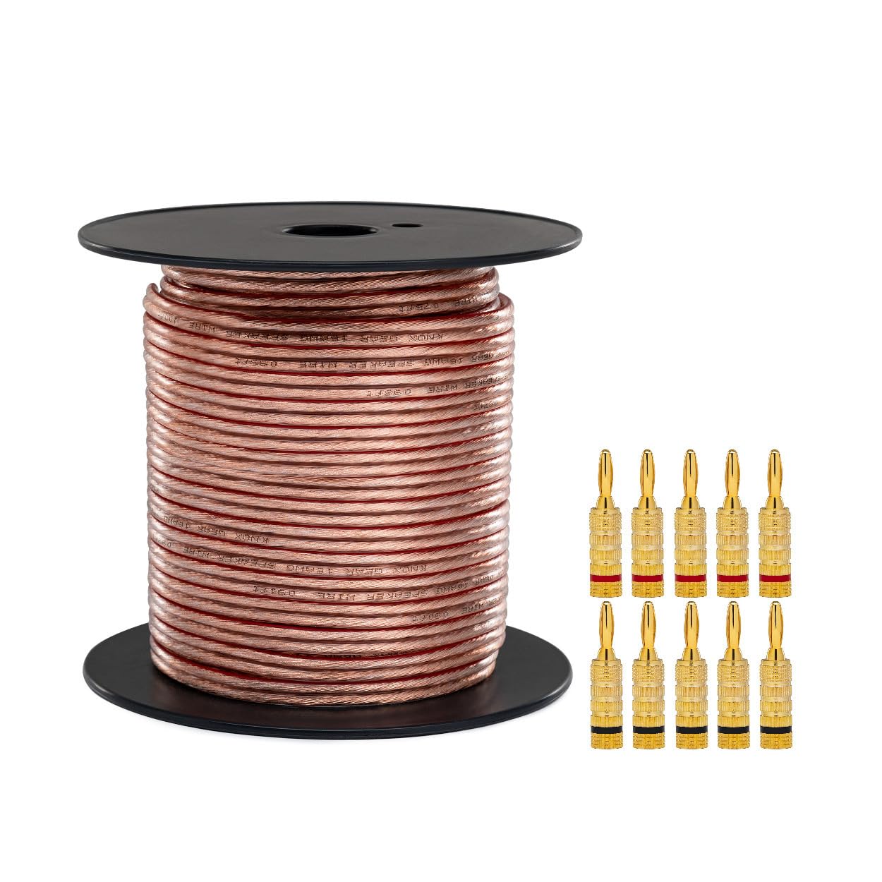 Knox Gear 16AWG Speaker Wire, 100ft with PVC Jacket & 24-K Gold Plated Speaker Banana Plugs, 5 Pairs, 16 Gauge CCA Wire and Brass Banana Plugs for Home Theater Speakers, Car Speakers, Stereos, Radio