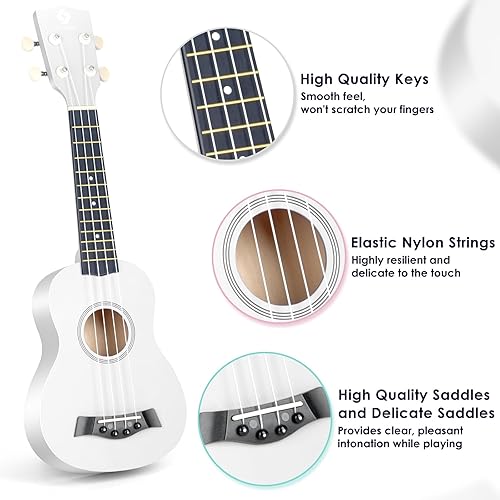 Miniatura 77 de Ukelele soprano para principiantes, juego de iniciación de ukeleles de madera de tilo de 21 pulgadas con bolsa de gig sintonizador digital, cuerdas