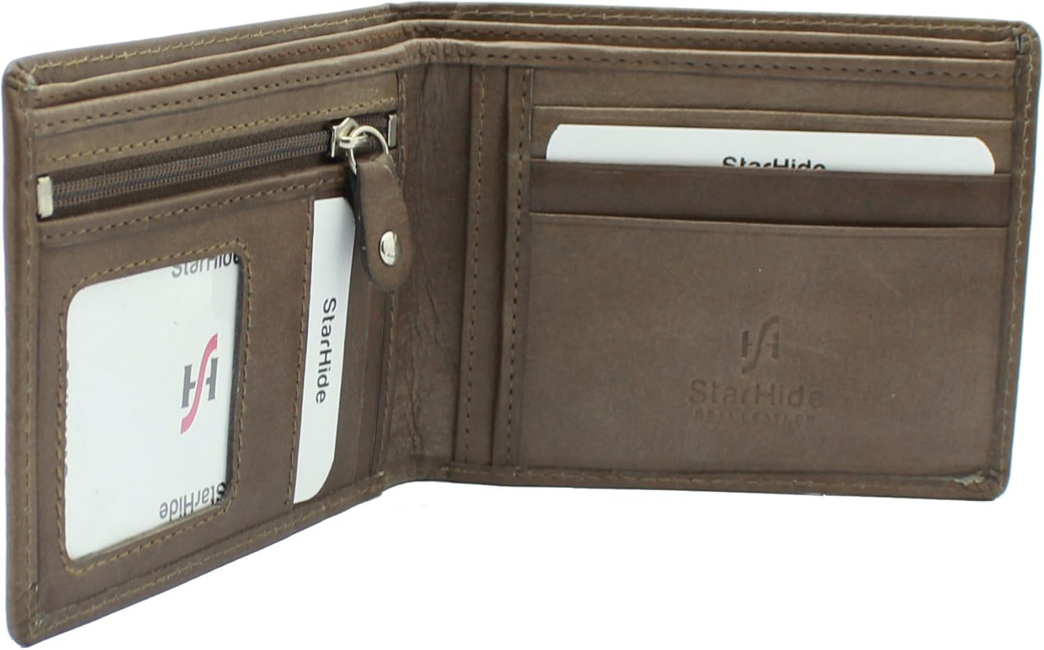 STARHIDE Men's Brown Smooth Leather Wallet With A Zip Coin Pocket & Id Window