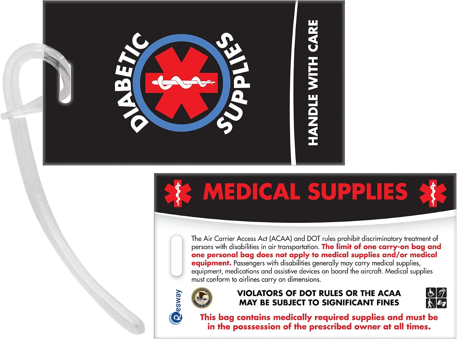 Resway Black Diabetic Supplies ID Luggage Tag, Medical Alert Tag for Insulin & Medical Equipment Bags, TSA-Friendly Medical Tags for Luggage, Travel Identification Tag image 2