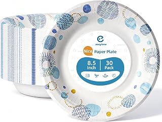 8.5 Inch Disposable Paper Plates, 30 Count Heavy-Duty Dinner Plates with Blue Geometric Galaxy Pattern, Soak-Proof, Microwave-Safe, Sturdy Dessert Plates for Parties, Picnics, and Everyday Use