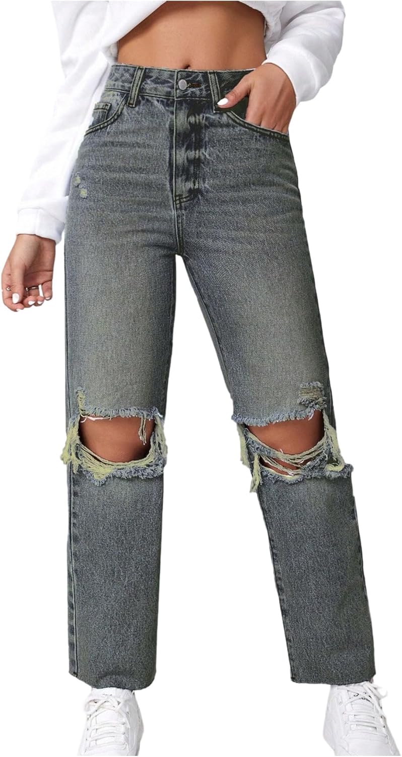 SweatyRocks Women's High Waist Ripped Distressed Cropped Jeans Straight Leg Denim Pants