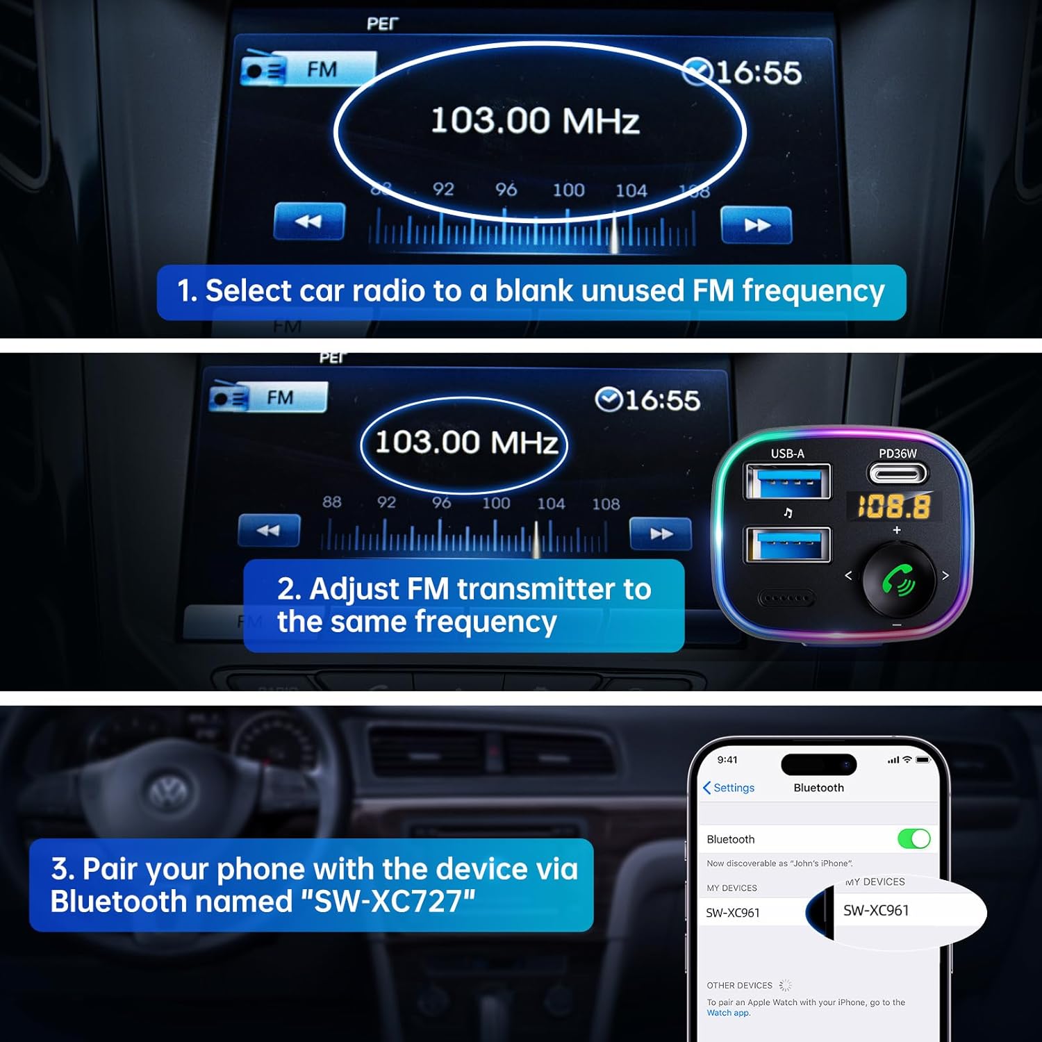 U-Disk Playing and Bluetooth 5.4 Connection Playing modes shown on the Syncwire FM Transmitter and a smartphone.
