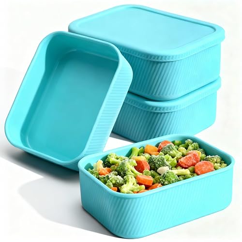 Xaajooio 4 Pcs 6 Cups Silicone Freezer Trays with Lid Reusable Soup cubes Soup Containers Freezer Molds, Microwave Oven Dishwasher Safe, Leakproof Stackable BPA Free Food Storage, Lake Blue