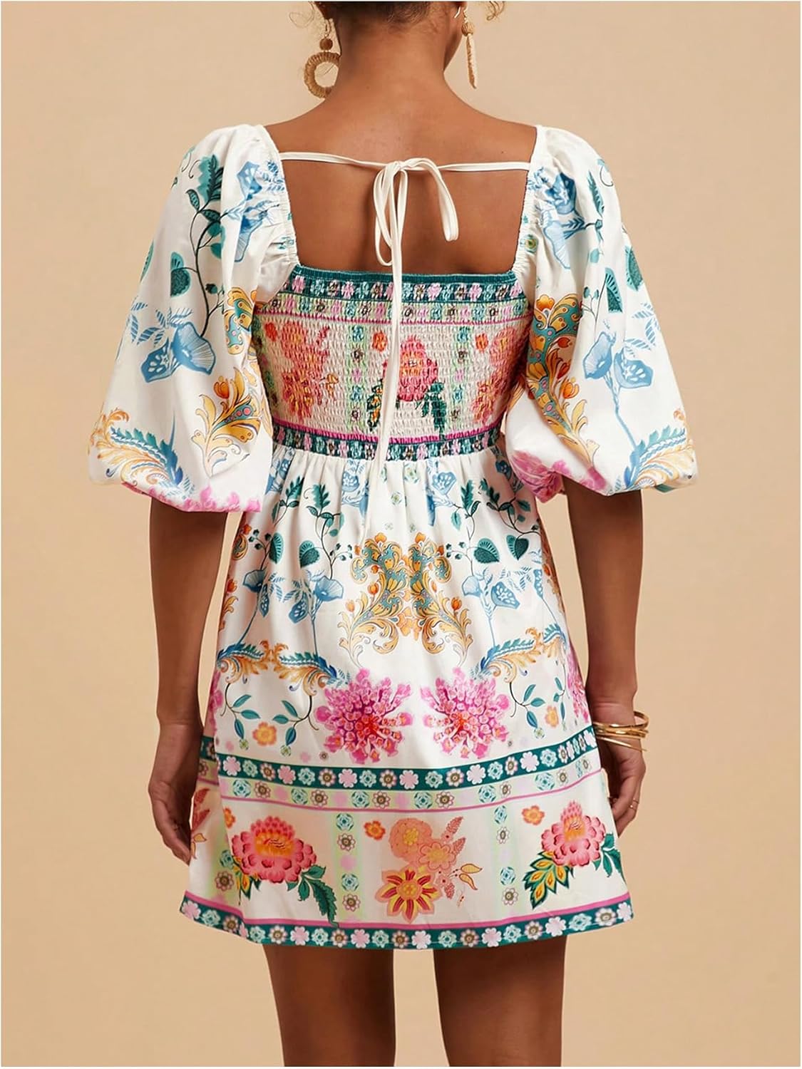 Floerns Women's Floral Tie Back Puff Sleeve A Line Dress Square Neck Boho Dresses - Image 3