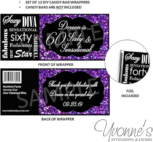 Miniatura 4 de 30th 40th 50th 60th Birthday Candy Bar Wrappers-Personalized Wrappers for Chocolate Bar Favors-Bling-Diva-Glitter Milestone Birthday for Her (Set of