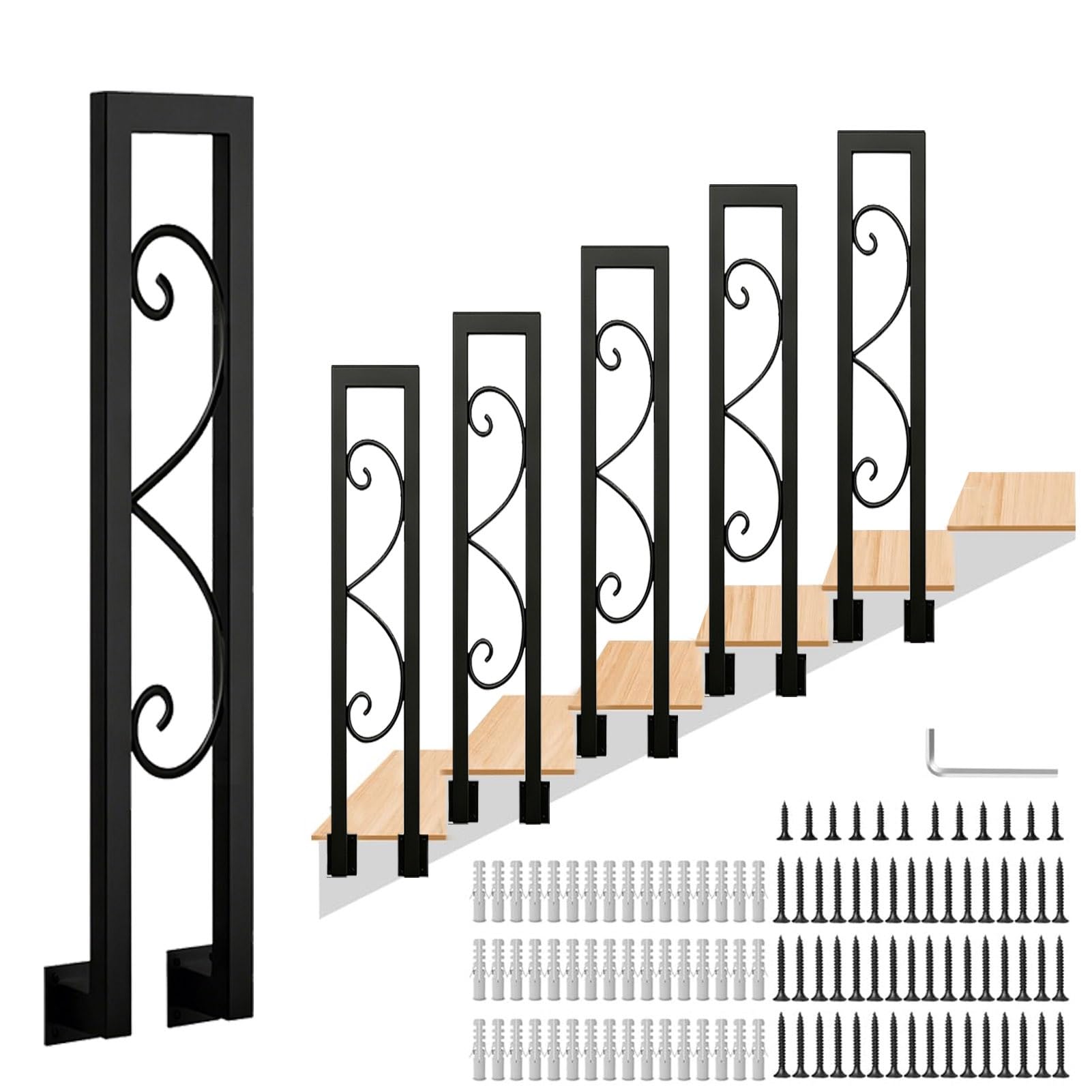 Side Mounted Handrails for Stairs Non-Slip Guardrail Metal Wrought Iron Hand Railing for Loft Villa Garden Decorative, U-Shaped Outdoor Stair Railing(55cm/22in)