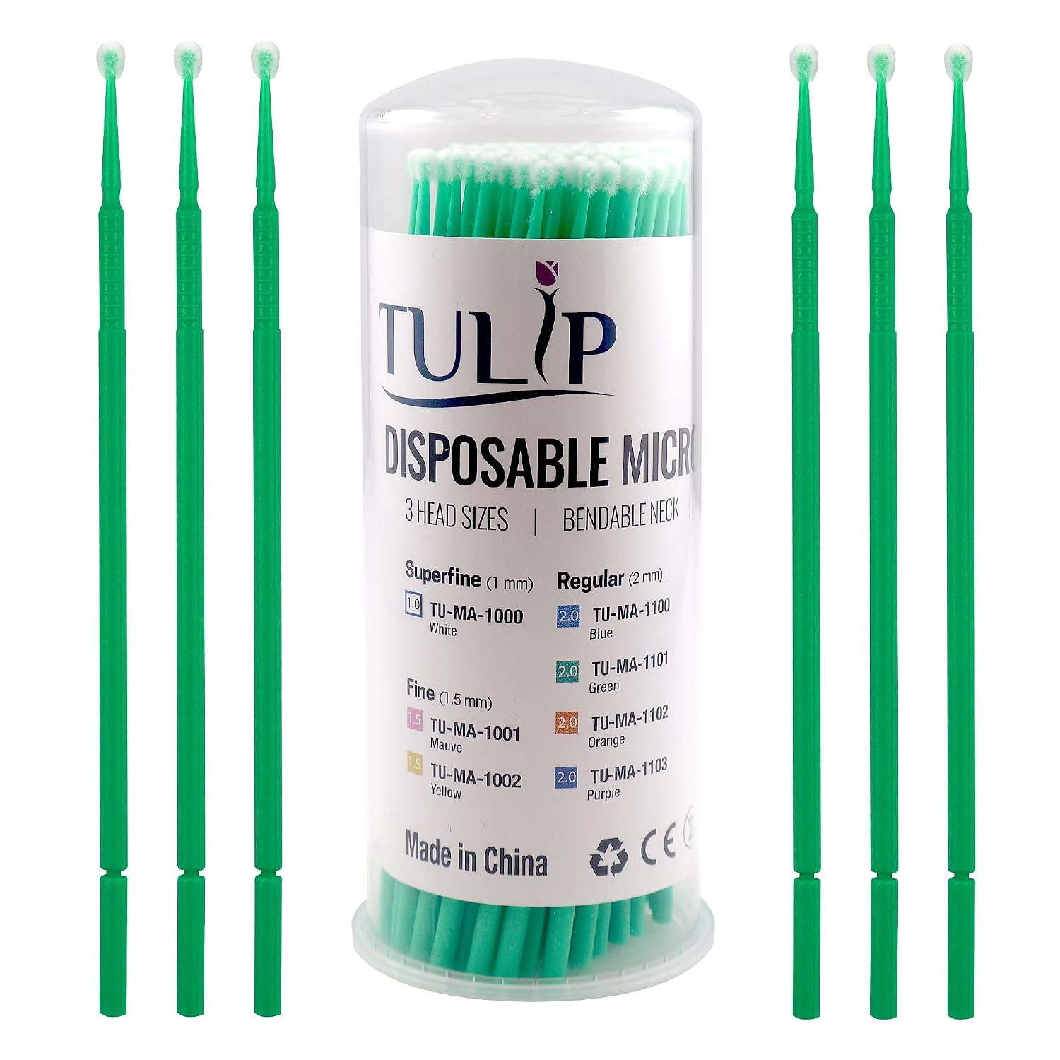 Tulip 400 Regular Micro Applicator Brushes - 2.0 mm Disposable Dental Microbrushes with Bendable Tip - Microswabs for Eyelash Extensions - Microbrush Applicator Sticks with Cotton Tip (Green)