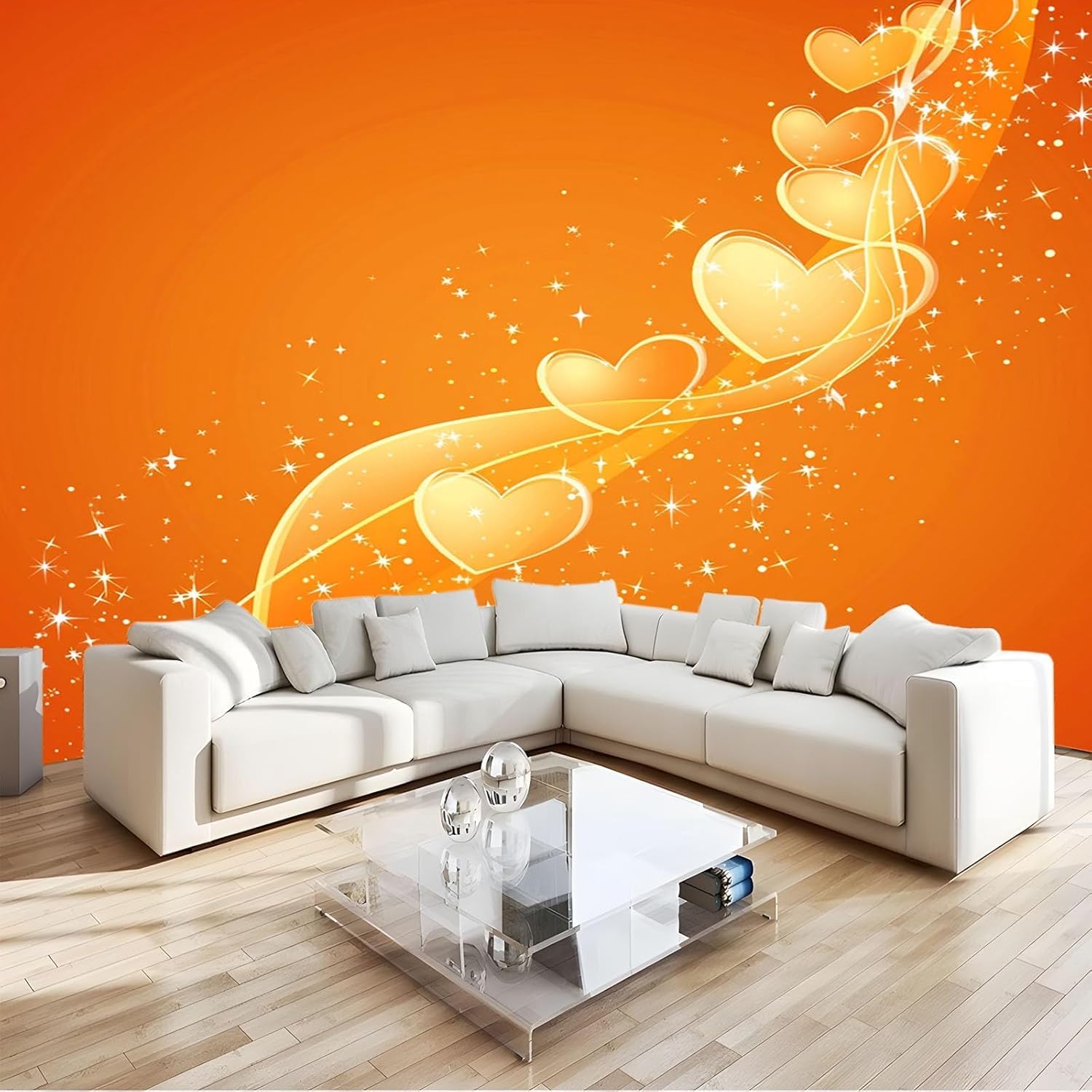 Papier peint panoramique salon et chambre enfant design orange 3D Joli Coeur 300x210