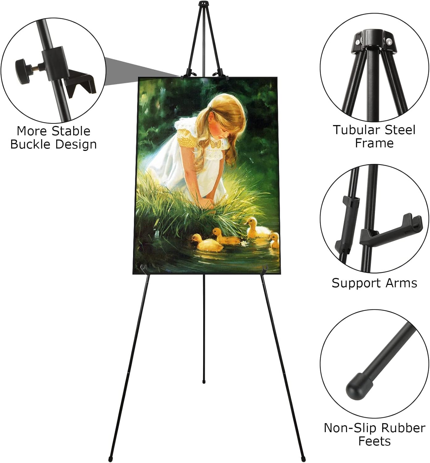 LOEQIAN 2 Pack Easel Stand 63 Inches Foldable Artist Floor Easels for Displaying Pictures, Black Easel Stand for Display Wedding Sign, Art Poster - Adjustable Art Poster Metal Tripod (Portable)