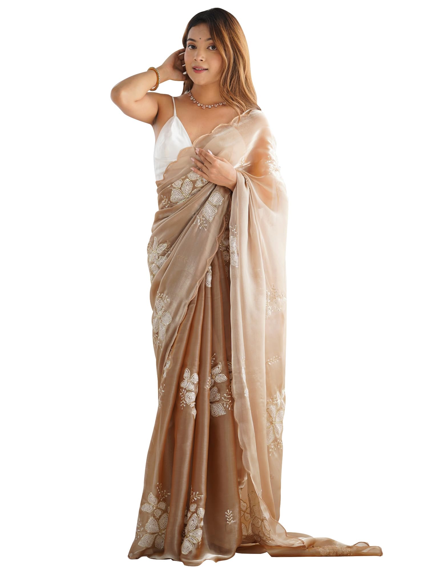 Women's Shimmer Organza Sequence Embroidery Saree With Unstitched Blouse Piece