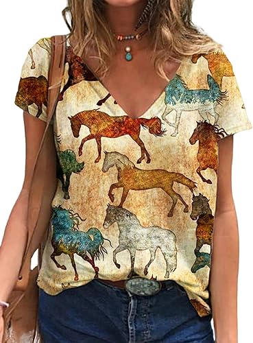 Camiseta de manga corta con estampado de caballo vaquera occidental para mujer, estilo retro, vaquero, desierto, cactus, cuello en V