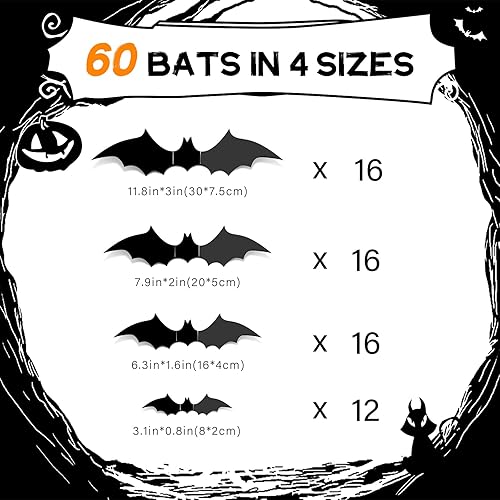 Miniatura 3 de Murciélagos 3D para decoración de Halloween, 60 piezas, decoración de Halloween mejorada con 4 tamaños diferentes, decoración de murciélagos de PVC
