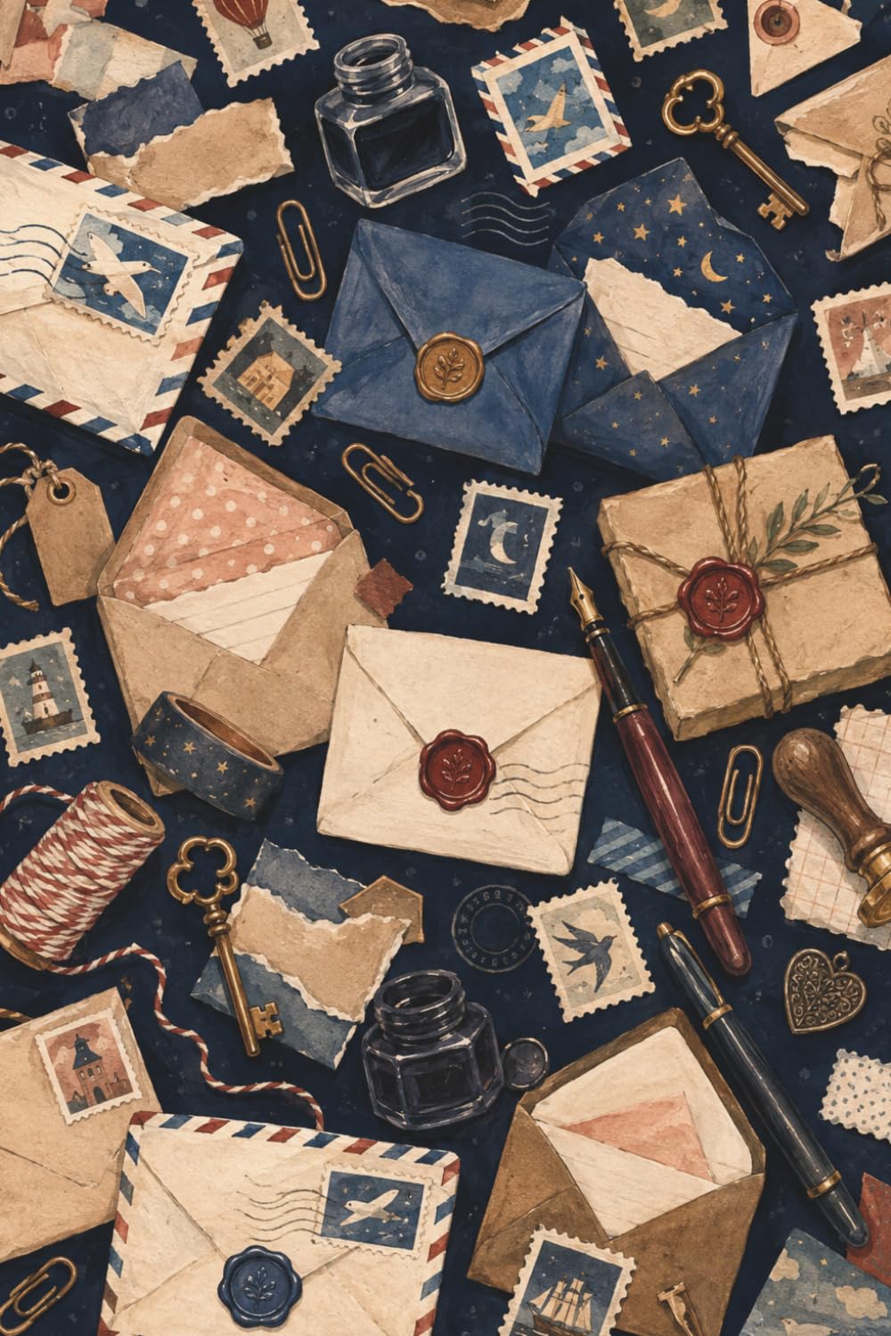 Vintage Snail Mail Lined Notebook: Navy Blue Postal Collage Writing Journal with Letters, Stamps and Envelopes, 80 Ruled Pages, 6 × 9 Inches (A5 Size) for School, Work and Daily Notes